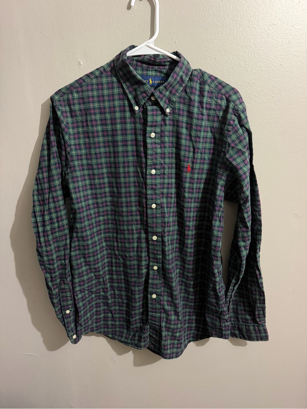 Ralph Lauren Mens Medium Plaid Button Long Sleeve Woven Button Up Shirt Green